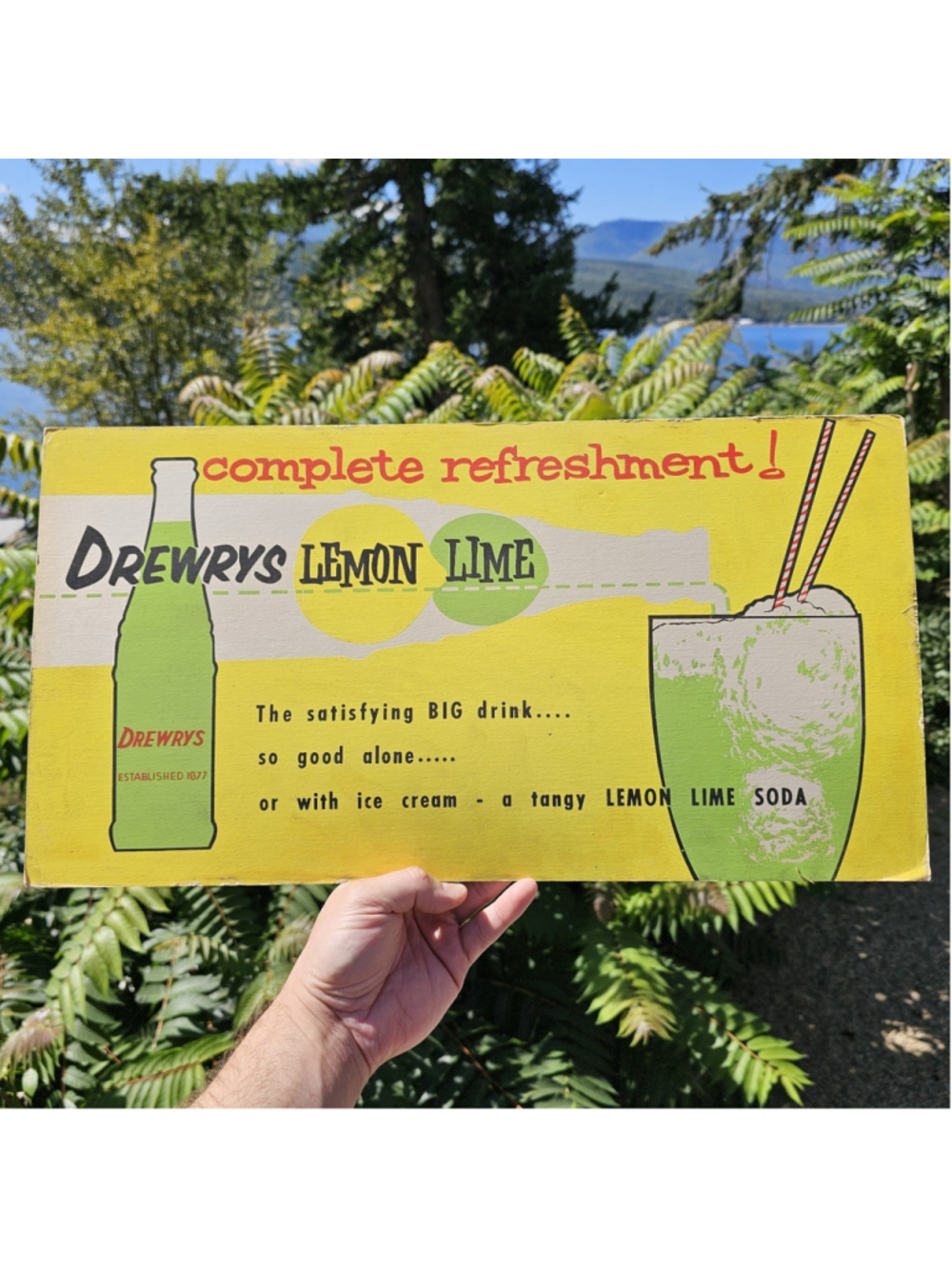 Vintage 1950s Drewrys Lemon Lime Soda Advertising Sign 21" x 11" Cardboard